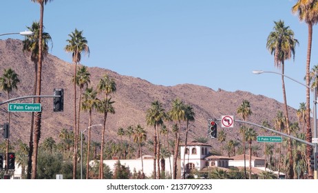 Palm Trees And Sky, Palm Springs Street, City Near Los Angeles, Semaphore Traffic Lights On Crossroad. California Desert Valleys Summer Road Trip On Car, Travel USA. Mountain. Palm Canyon Road Sign