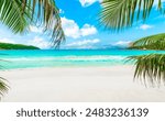 Palm trees and white sand in a tropical beach. Anse Lazio, Seychelles, Indian Ocean