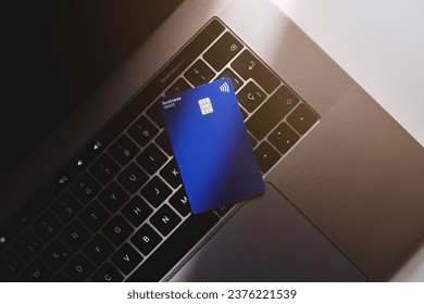 Palma, baleares, spain, november 20, 2020: paypal card on top of an appel computer