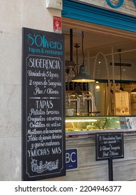 PALMA DE MAJORCA, SPAIN - MAY 23, 2018:   Menu Board And Sign At Tapas Restaurant