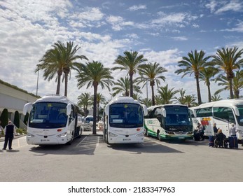 Palma de Mallorca, Mallorca, Spain - 05.01.2022: Tourist buses waiting for tourists in Palma de Mallorca airport parking lot