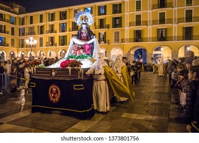 Palma De Mallorca / Spain - April 18 2019. EASTER WEEK IN SPAIN.  Semana Santa. Festival Religious Brotherhoods. Virgin Mary Statue Parade Through The Narrow Streets. 