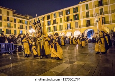 Palma De Mallorca / Spain - April 18 2019. EASTER WEEK IN SPAIN.  Semana Santa. Festival Religious Brotherhoods. Virgin Mary Statue Parade Through The Narrow Streets. 