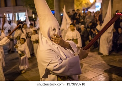 Palma De Mallorca / Spain - April 18 2019. EASTER WEEK IN SPAIN.  Semana Santa. Festival Religious Brotherhoods. Virgin Mary Statue Parade Through The Narrow Streets. 