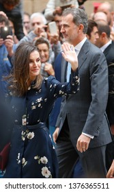 Palma De Mallorca / Spain - April 21 2019: Spanish Queen Letizia And King Felipe Gesture After Attending An Easter Sunday Mass In Palma De Mallorca 