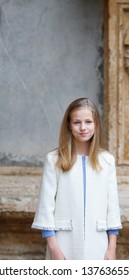 Palma De Mallorca / Spain - April 21 2019: Spanish Princess Leonor Gesture After Attending An Easter Sunday Mass In Palma De Mallorca 