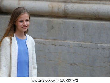 Palma De Mallorca, Spain - April 21 2019: Spanish Princess Heir Leonor Leave Palma De Mallorca Cathedral After Attending An Easter Sunday Mass. 