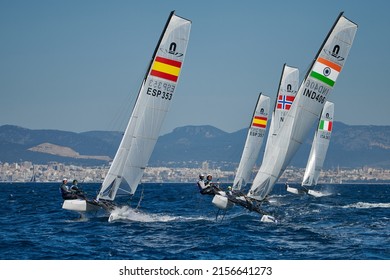 Palma De Mallorca, Spain - April 7, 2022: Part Of The Nacra 17 Class Fleet Racing In The 51 Trofeo Princesa Sofia.