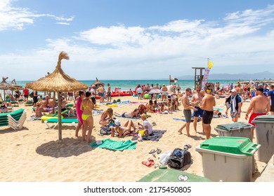 Palma de Mallorca, Spain - June 22, 2022: beach at gate 6 with promenade in Palma de Mallorca, called in German Ballermann - engl. Funman.