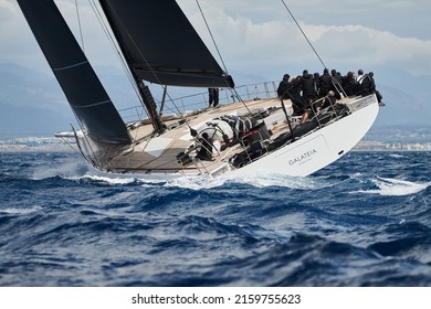 Palma de Mallorca, Spain - May 5, 2022:View from the stern of Galateia with the crew on starboard tack during the Palma Vela 2022 race.