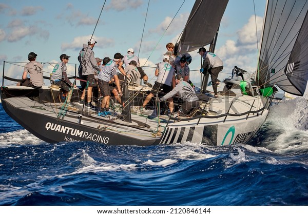Palma de Mallorca, Spain -\
November 1, 2021:  Busy moments in the Quantum race sail team\
during the competition in the Rolex Tp52 super series World\
Championship.