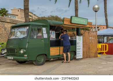 Palma De Mallorca, Spain; September 03 2022: Van Van Palma Street Food Festival At Sunset. Island Of Mallorca, Spain. Van Selling Street Food