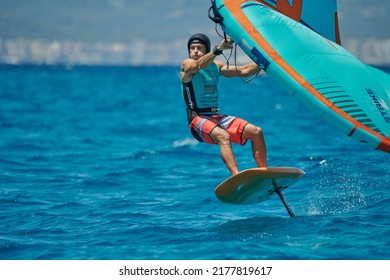 Palma de Mallorca,Spain - July 9, 2022: Pedro Simó during the competition of the Balearia Wing Foil Spain Series hosted by Club Náutico del Arenal