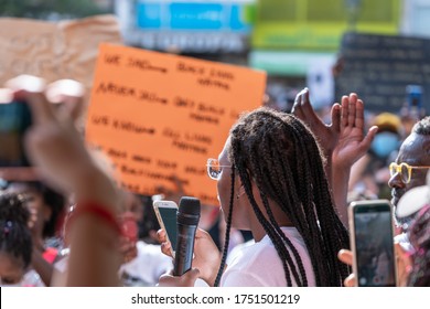 Palma, Majorca, Spain - June 7, 2020: African American Black Woman Giving A Protest Speech, Claiming Against Racism