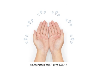 Palmar aspect of sweaty hands. Two sweating palms. Isolated on white background.