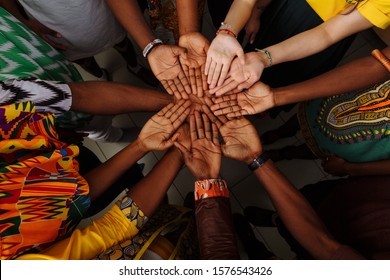 Palms Up Hands Of Happy Group Of Multinational African, Latin American And European People Which Stay Together In Circle