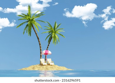 Palms tree 3d collage of desert sand beach sunbed with sunbathing parasol abroad lost island in ocean isolated over wild nature background