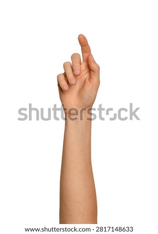 Palm-side view of a hand tapping an invisible screen. Right arm raised with finger clicking on unseen interface. Isolated gesture on white background for technology concepts.