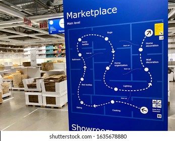 Palo Alto, CA - February 2, 2020: IKEA Furniture Marketplace Showroom Navigation Map On Blur Background.