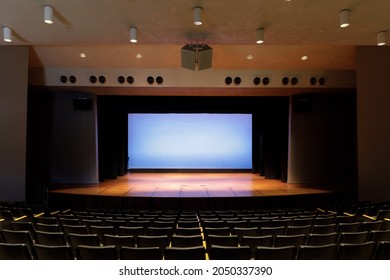 Palo Alto, California - September 29, 2021: Empty Stage Auditorium With Lit Stage And Scrim At The Cubberley Community Center Theater