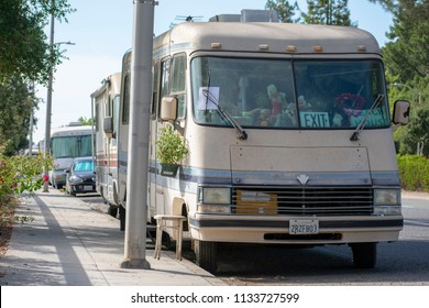 Palo Alto, California, United States - July 12, 2018: Run-down RV And Trailer Parked Along Public Street. Streets Have Become Home For Homeless In California And USA