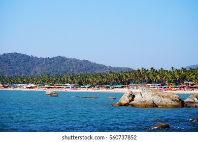 Palolem Beach, South Goa, India. One Of The Best Beaches In Goa. Colorful Beach Huts And Palm Trees On The Coast.