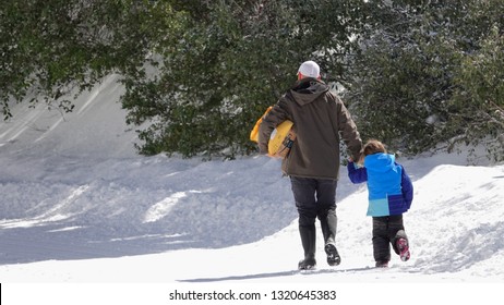 Palomar Mountain, CA / USA - February 22, 2019: A Man And His Small Child Are Getting The Mail On A Snowy Day                               