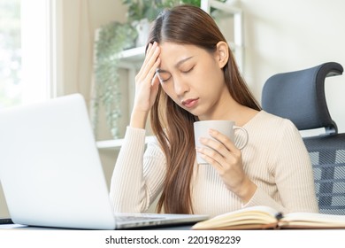 Palpitation, Suffer Asian Young Woman Holding Mug, Drinking Strong A Cup Of Coffee, Touching Her Chest After Drink Caffeine, Tea While Working From Home, Face Expression Stress, Illness People.