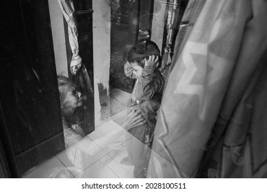 Palu, Indonesia 20 August 2021 - Black And White Photo Of Farewell Expression Between Grandma And Granddaughter