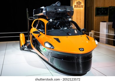 PAL-V Liberty flying car showcased at the Autosalon 2020 Motor Show. Brussels, Belgium - January 9, 2020.