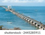 Pamban railway bridge crossing the Pamban Straits between the mainland and Pamban Island and Danushkodi, Tamil Nadu, India, Asia