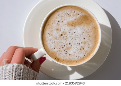 Pampas Grass And Female Hand Holding White Cup With Coffee. Drinking Cappuccino In The Breakfast Morning At Home. Flat Lay. Wallpaper. Aesthetics. Cozy Home