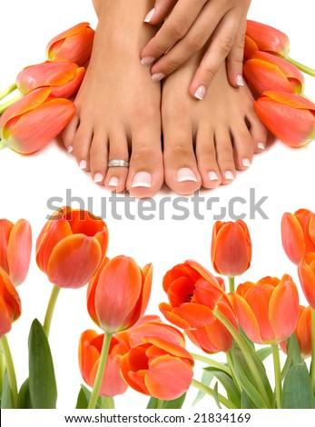 Pampered feet and hands with beautiful tulips