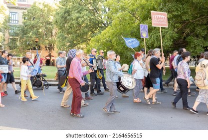 Pamplona, Spain - 28 May 2022 - The People Of Navarra Protest Against Renewable Energy Projects. They Reject Green Capitalism. People Gathered At A Demonstration.