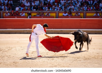 PAMPLONA, SPAIN - JULY 13: Young bullfighter in Pamplona bullring at San Fermin festival on July 13, 2015 in Pamplona, Spain