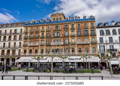 Pamplona, Spain - May 6th 2022 - Exterior of the Iruna Cafe restaurant on the Castillo square (Placa de Castillo) in Pamplona