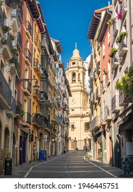 PAMPLONA, SPAIN - SEPTEMBER 16, 2020: Street View of Buildings and Cathedral of Pamplona Tower along the Way of St James Camino de Santiago