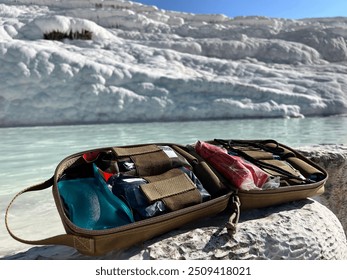 Pamukkale Adventure: EDC Kit and Water by the Blue Salt Lake in Turkey - Powered by Shutterstock