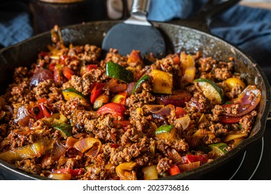 "Pan fried" ground beef with vegetables - Shutterstock ID 2023736816