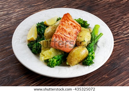 Pan fried Salmon Served with potatoes and tenderstem broccoli.