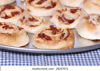 Pan Full Of Fresh Made Pepperoni And Bacon Pinwheel Rolls