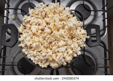 Pan Full Of Popcorn On The Stove