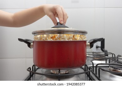 Pan Full Of Popcorn On The Stove