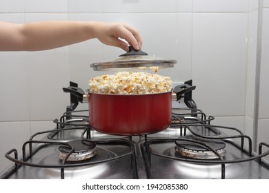 Pan Full Of Popcorn On The Stove