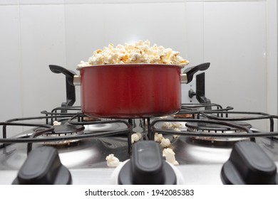 Pan Full Of Popcorn On The Stove