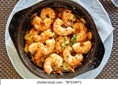 Pan Of Garlic Prawns, Top View