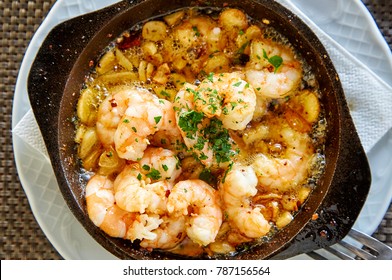 Pan Of Garlic Prawns, Top View