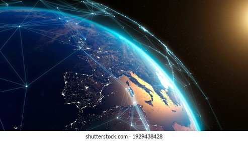 Pan left view of digital connections among satellites above surface of Earth from space