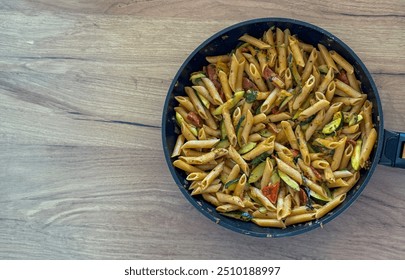 A pan with pasta  zucchini  tomatoes  and chorizo - Powered by Shutterstock