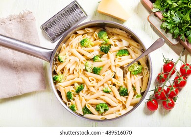 Pan Of Penne Pasta With Broccoli And Parmesan